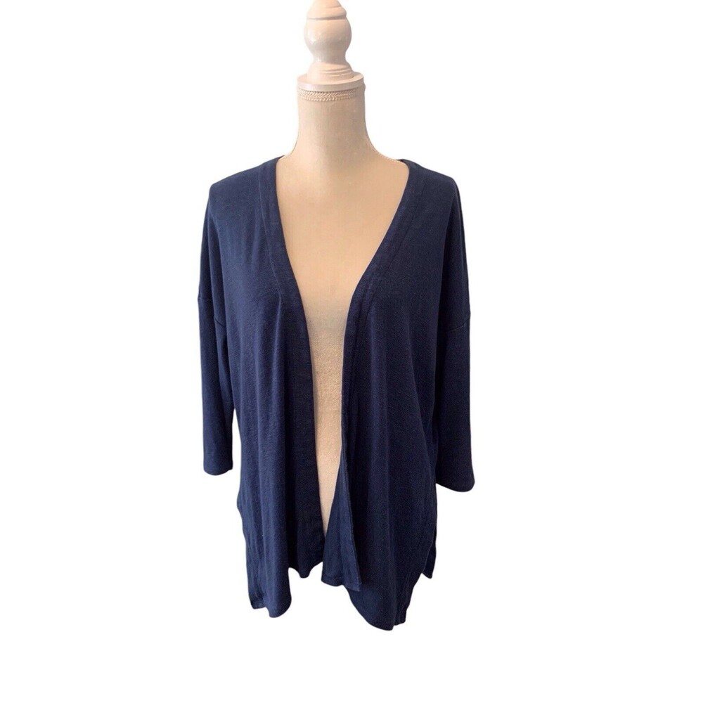 Pure Jill Linen Blend Open Cardigan Sweater Women's Med  Navy Blue 3/4 Sleeve